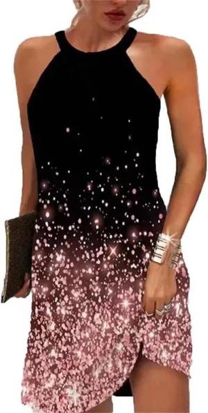 Halter Dresses for Women 2025 Casual Floral Print Summer Dresses Hollow Out A-line Sundresses for Beach Vacation Size 2XL Black Pink Starry Sky