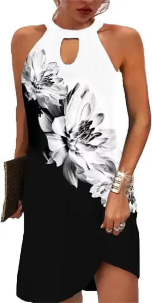 Halter Dresses for Women 2025 Casual Floral Print Summer Dresses Hollow Out A-line Sundresses for Beach Vacation