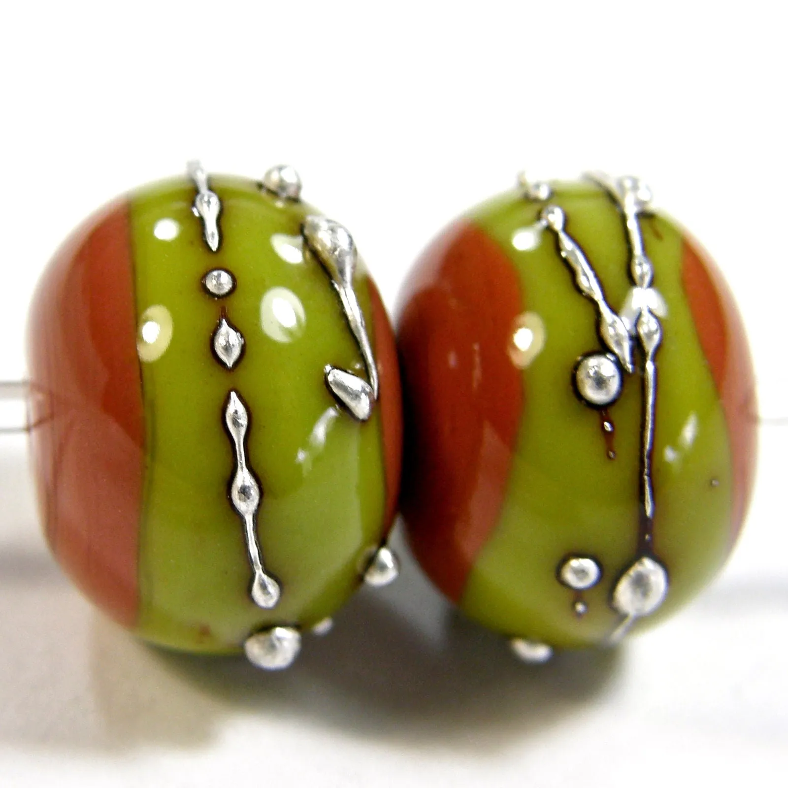 Handmade Lampwork Glass Band Beads, Hawaiian Clay Orange Pistachio Silver
