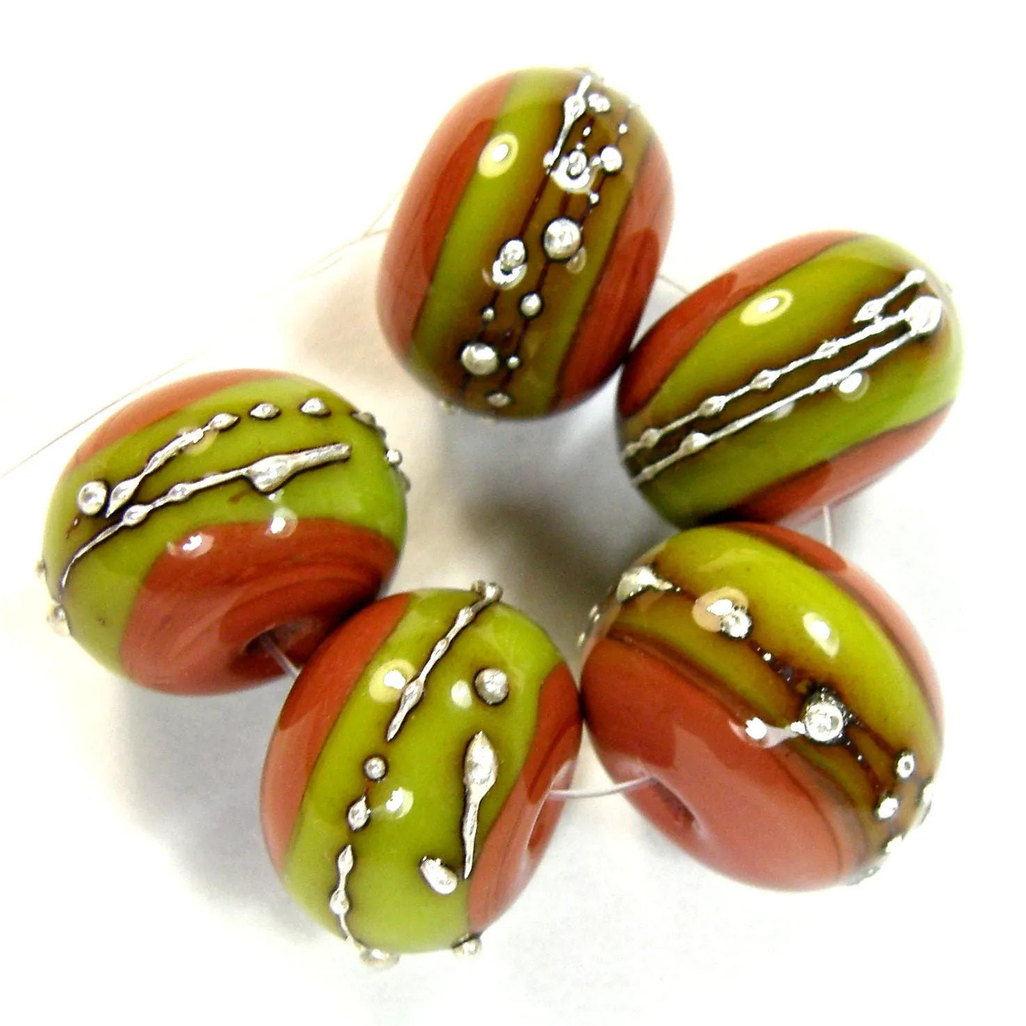 Handmade Lampwork Glass Band Beads, Hawaiian Clay Orange Pistachio Silver