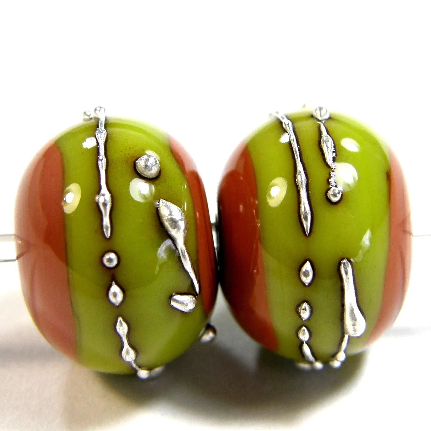 Handmade Lampwork Glass Band Beads, Hawaiian Clay Orange Pistachio Silver