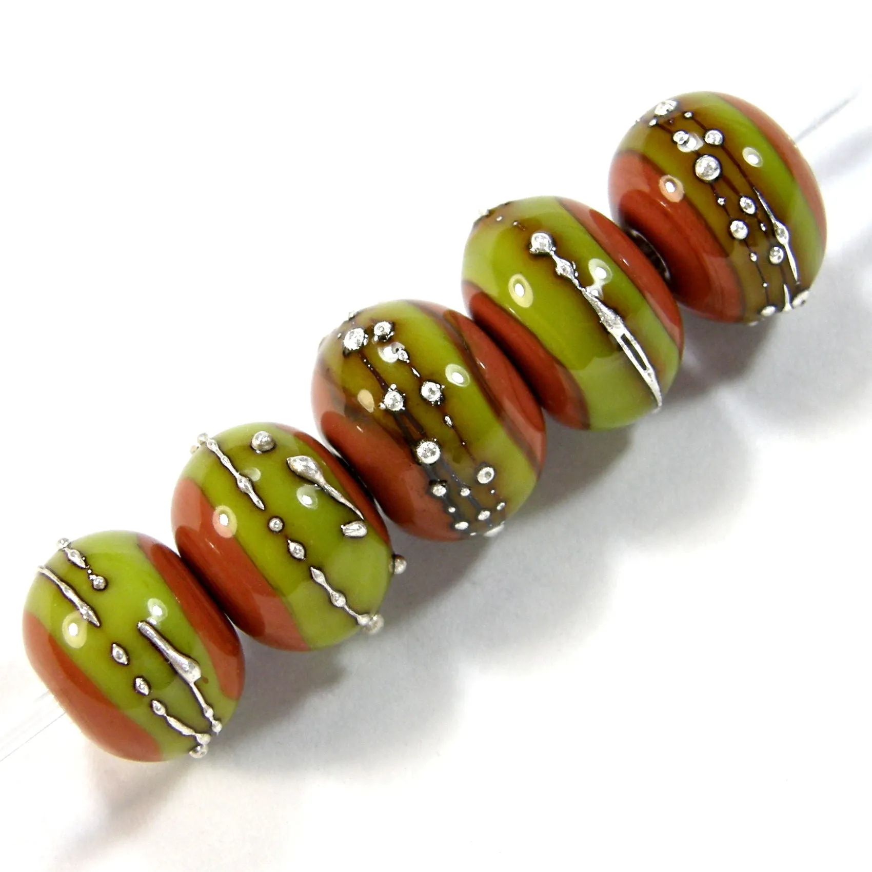 Handmade Lampwork Glass Band Beads, Hawaiian Clay Orange Pistachio Silver