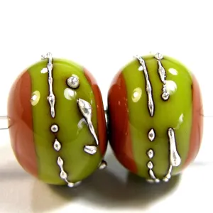Handmade Lampwork Glass Band Beads, Hawaiian Clay Orange Pistachio Silver