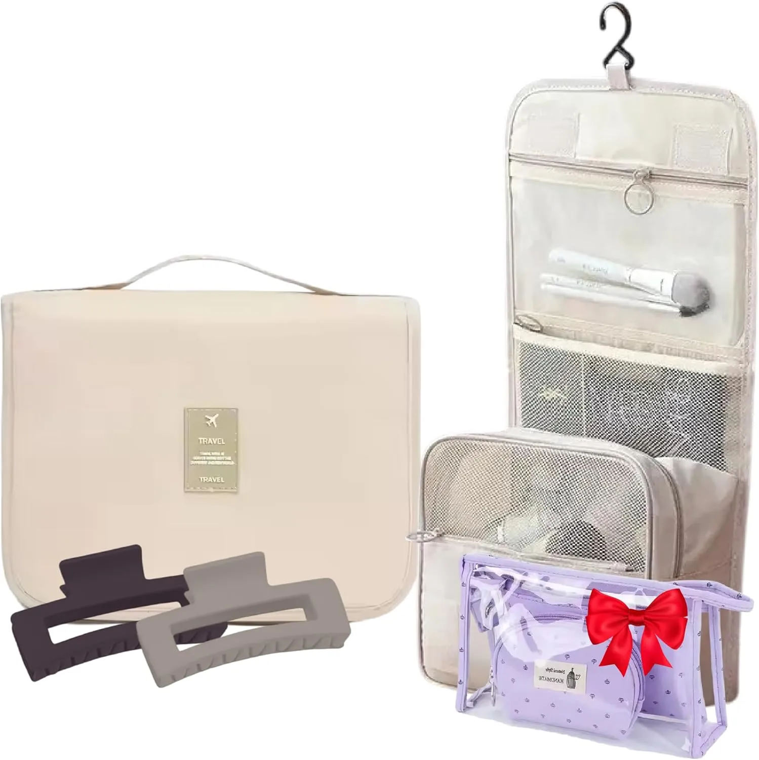 Hanging Toiletry Bag for Women  Large Travel Bathroom Organizer with Clear Bag Kit & Hair Clip  Multi-Compartment Makeup and Hygiene Travel Bag  Foldable, Lightweight & Portable