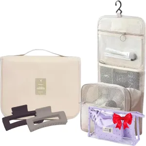 Hanging Toiletry Bag for Women  Large Travel Bathroom Organizer with Clear Bag Kit & Hair Clip  Multi-Compartment Makeup and Hygiene Travel Bag  Foldable, Lightweight & Portable