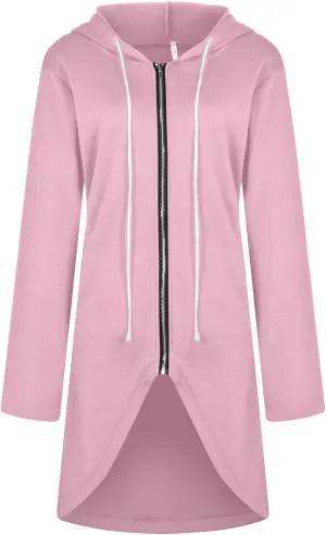 Hoodies for Women Zip up Knee Length Long Hoodies Casual Loose Solid Hooded Jackets Oversized Sweatshirts with Pocket