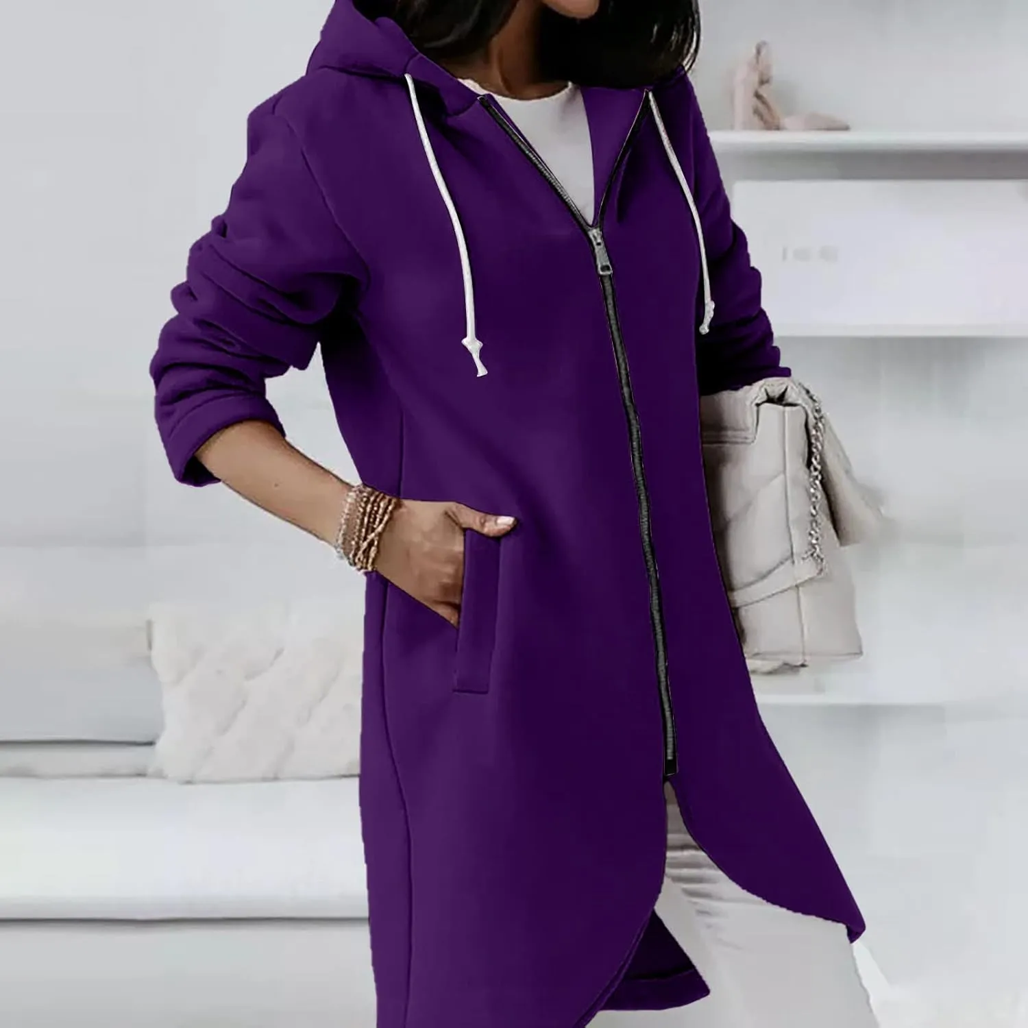 Hoodies for Women Zip up Knee Length Long Hoodies Casual Loose Solid Hooded Jackets Oversized Sweatshirts with Pocket