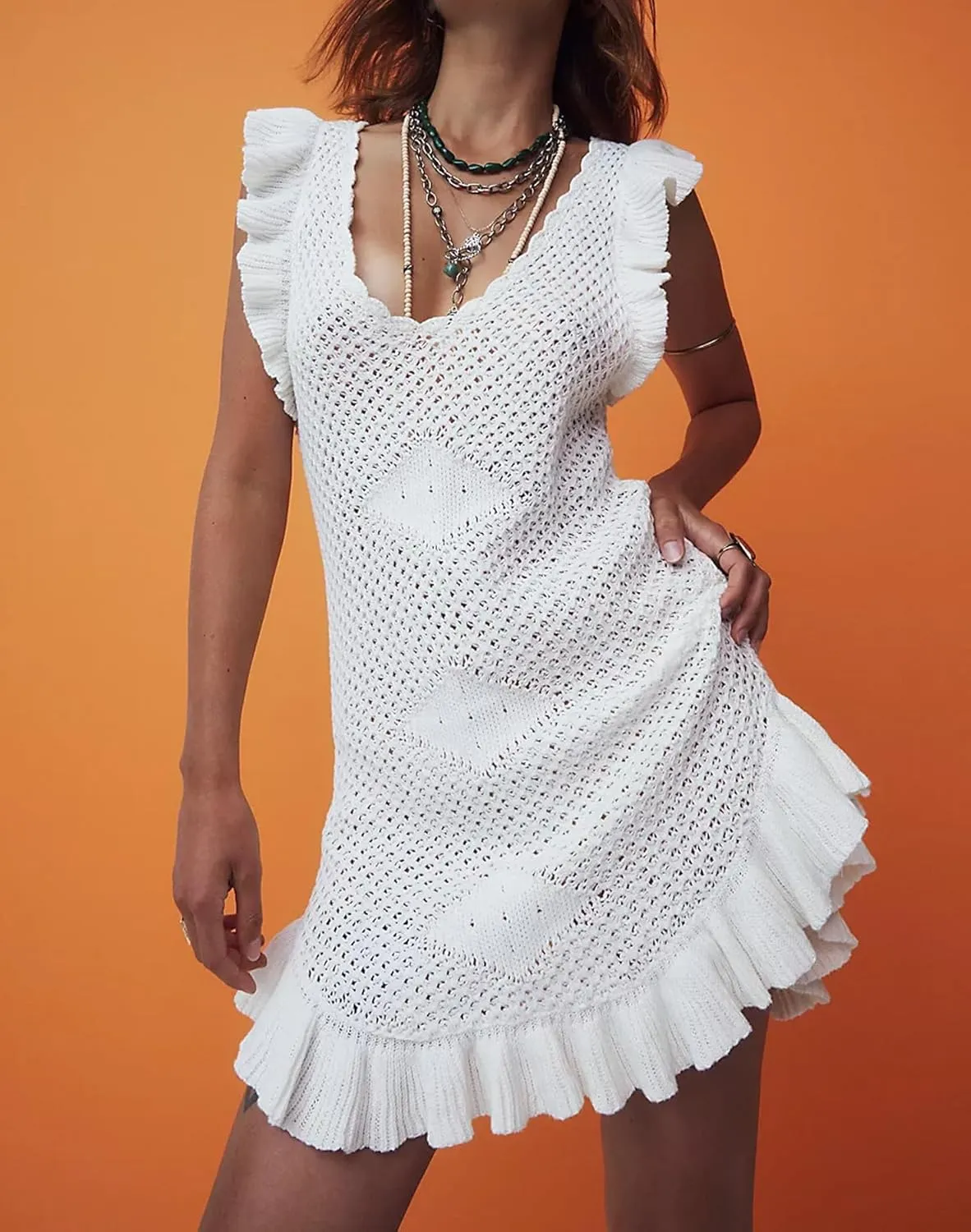 Hotmiss Women's Summer Casual Babydoll Mini Dress Ruffle Sleeveless V Neck Pleated Swing Tunic Dress
