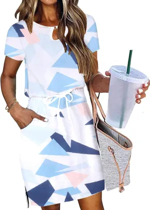 HOTOUCH Dresses for Women 2025 Summer Casual Beach Sundress Short Sleeve Shift Dress O Neck T-Shirt Dress with Pockets