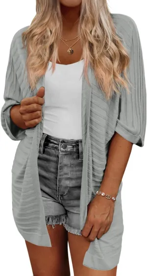 HOTOUCH Women's Open Front Cardigan 3/4 Sleeve Ribbed Knit Cardigans Lightweight Casual Cardigan