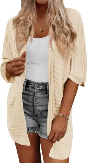 HOTOUCH Women's Open Front Cardigan 3/4 Sleeve Ribbed Knit Cardigans Lightweight Casual Cardigan
