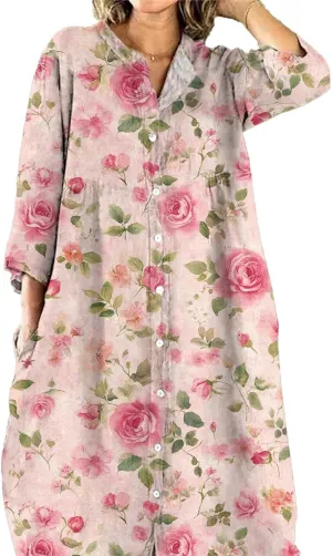 HOTYD Womens Boho Floral Midi Shirt Dress Plus Size 3/4 Sleeve Button V Neck Oversized Baggy Spring Dresses with Pockets