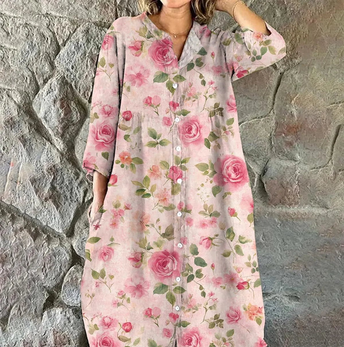 HOTYD Womens Boho Floral Midi Shirt Dress Plus Size 3/4 Sleeve Button V Neck Oversized Baggy Spring Dresses with Pockets