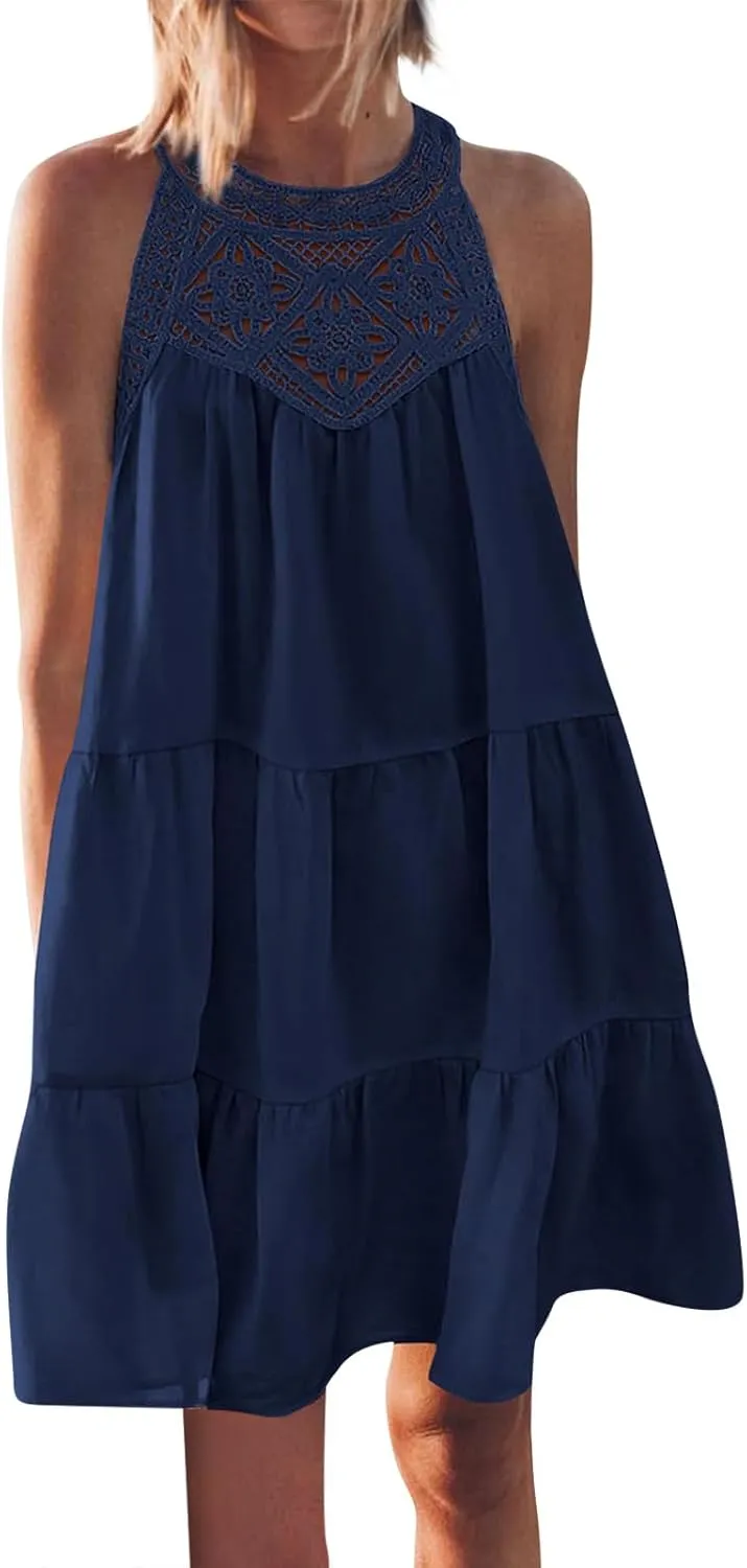 HXHYQKP Womens Summer Casual Sleeveless Halter Sundress 2025 Hollow Out Tiered Swing A Line Mini Beach Vacation Dresses