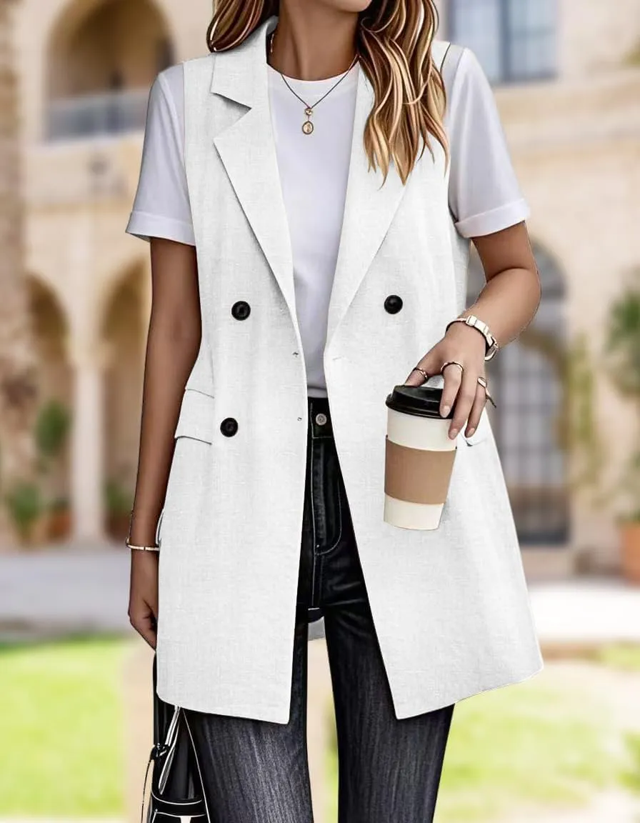 IDEALSANXUN Womens Long Linen Vest Dressy Sleeveless Blazer Jackets Outerwear Tops