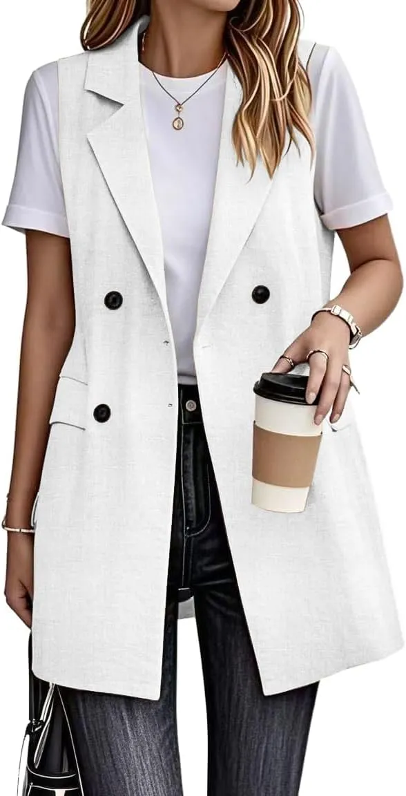 IDEALSANXUN Womens Long Linen Vest Dressy Sleeveless Blazer Jackets Outerwear Tops