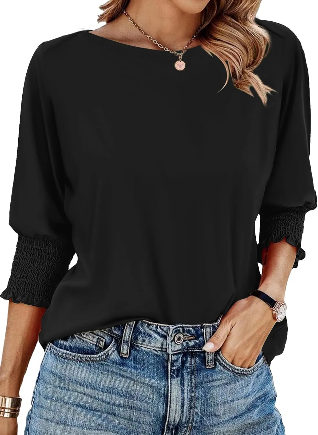 IECCP 3/4 Length Sleeve Womens Tops Summer 2025 Fashion Trendy Boat Crew Neck Smocked Work Dressy Casual T Shirt Blouses