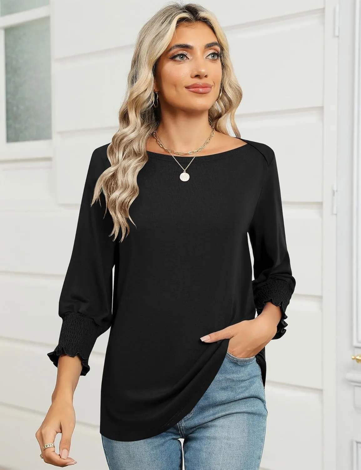 IECCP 3/4 Length Sleeve Womens Tops Summer 2025 Fashion Trendy Boat Crew Neck Smocked Work Dressy Casual T Shirt Blouses