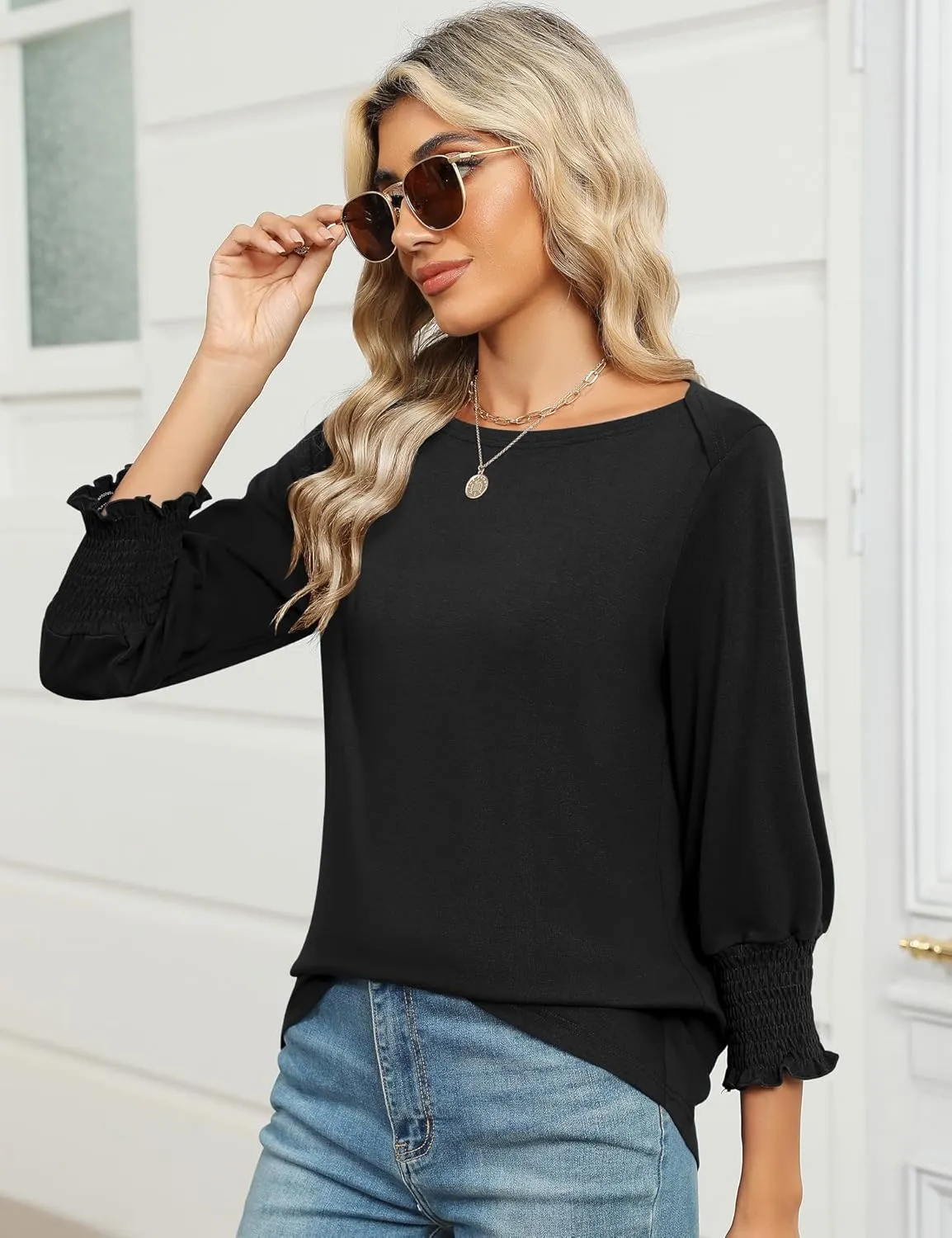 IECCP 3/4 Length Sleeve Womens Tops Summer 2025 Fashion Trendy Boat Crew Neck Smocked Work Dressy Casual T Shirt Blouses