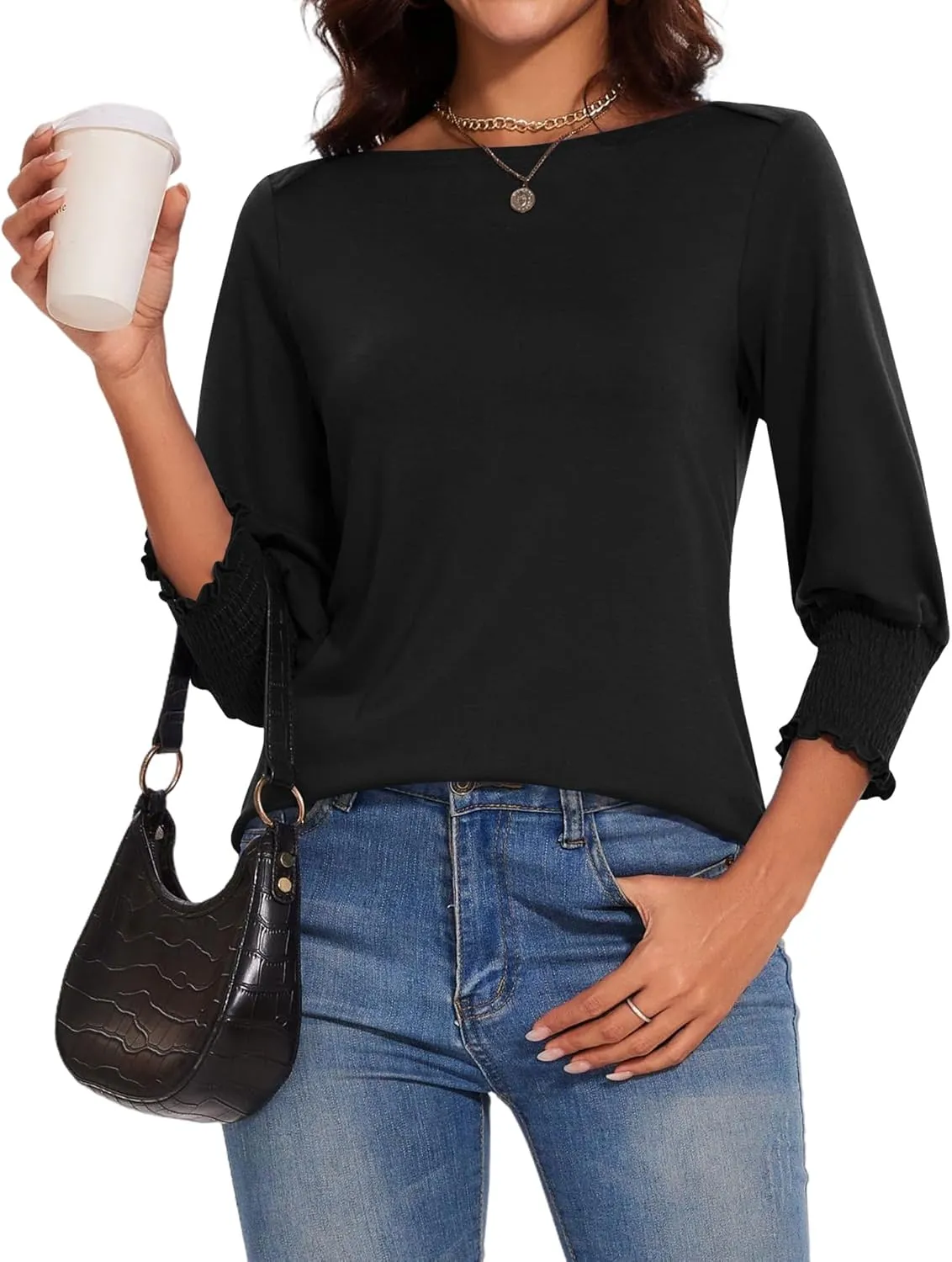 IECCP 3/4 Length Sleeve Womens Tops Summer 2025 Fashion Trendy Boat Crew Neck Smocked Work Dressy Casual T Shirt Blouses