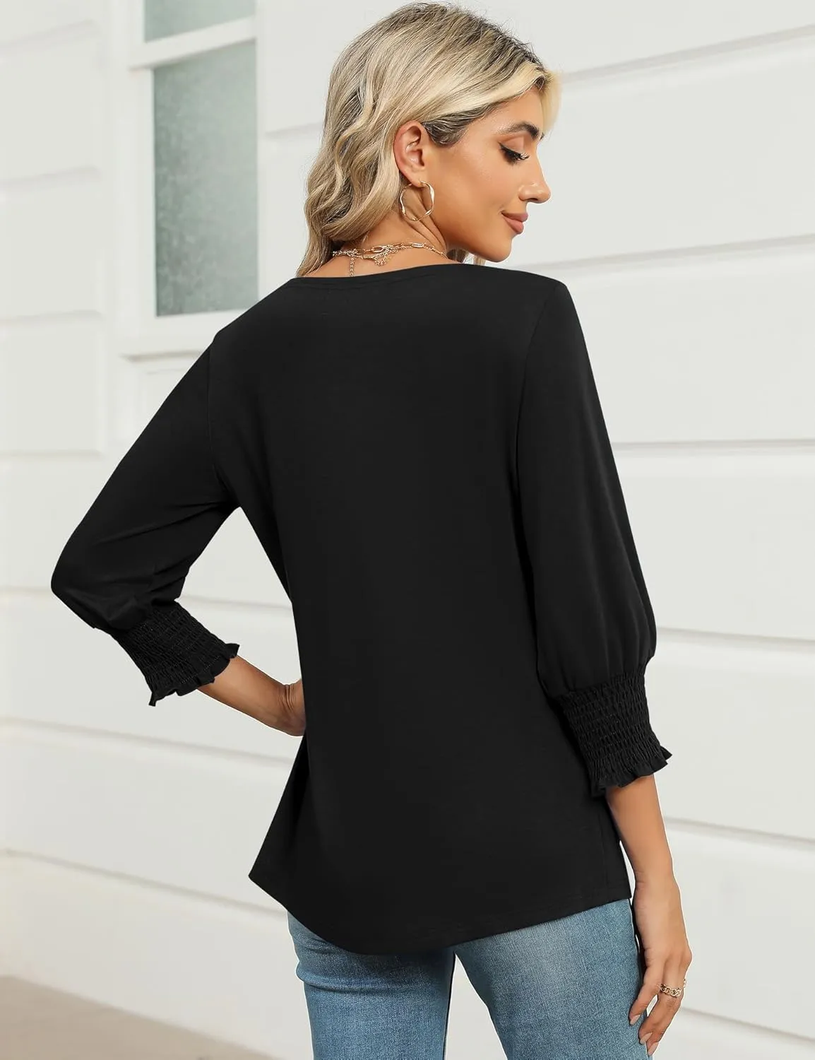 IECCP 3/4 Length Sleeve Womens Tops Summer 2025 Fashion Trendy Boat Crew Neck Smocked Work Dressy Casual T Shirt Blouses