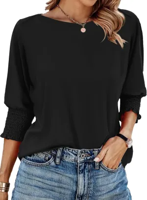 IECCP 3/4 Length Sleeve Womens Tops Summer 2025 Fashion Trendy Boat Crew Neck Smocked Work Dressy Casual T Shirt Blouses
