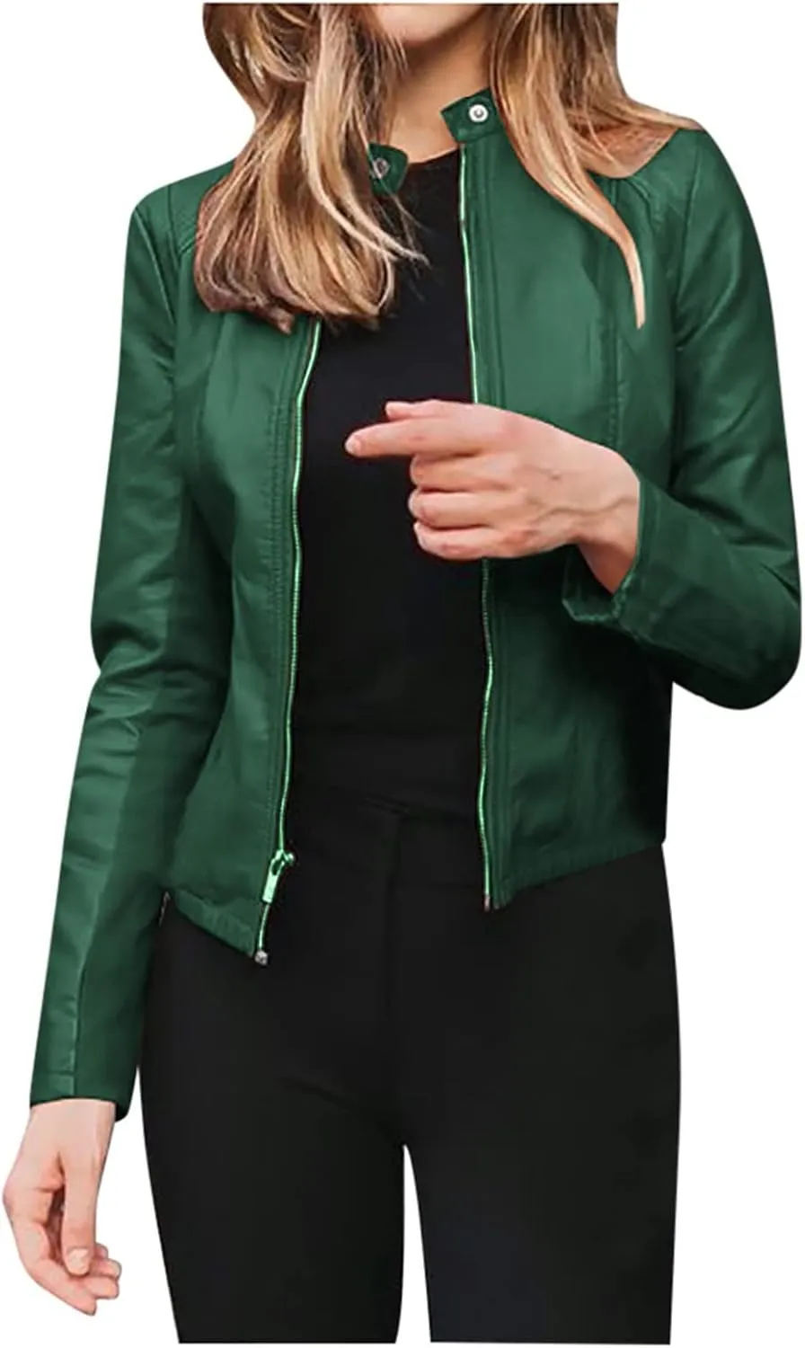 Jackets for Women Casual Fashion Plus Size Faux Leather Cardigan Trendy Light Moto Biker Coats Long Sleeve Jacket