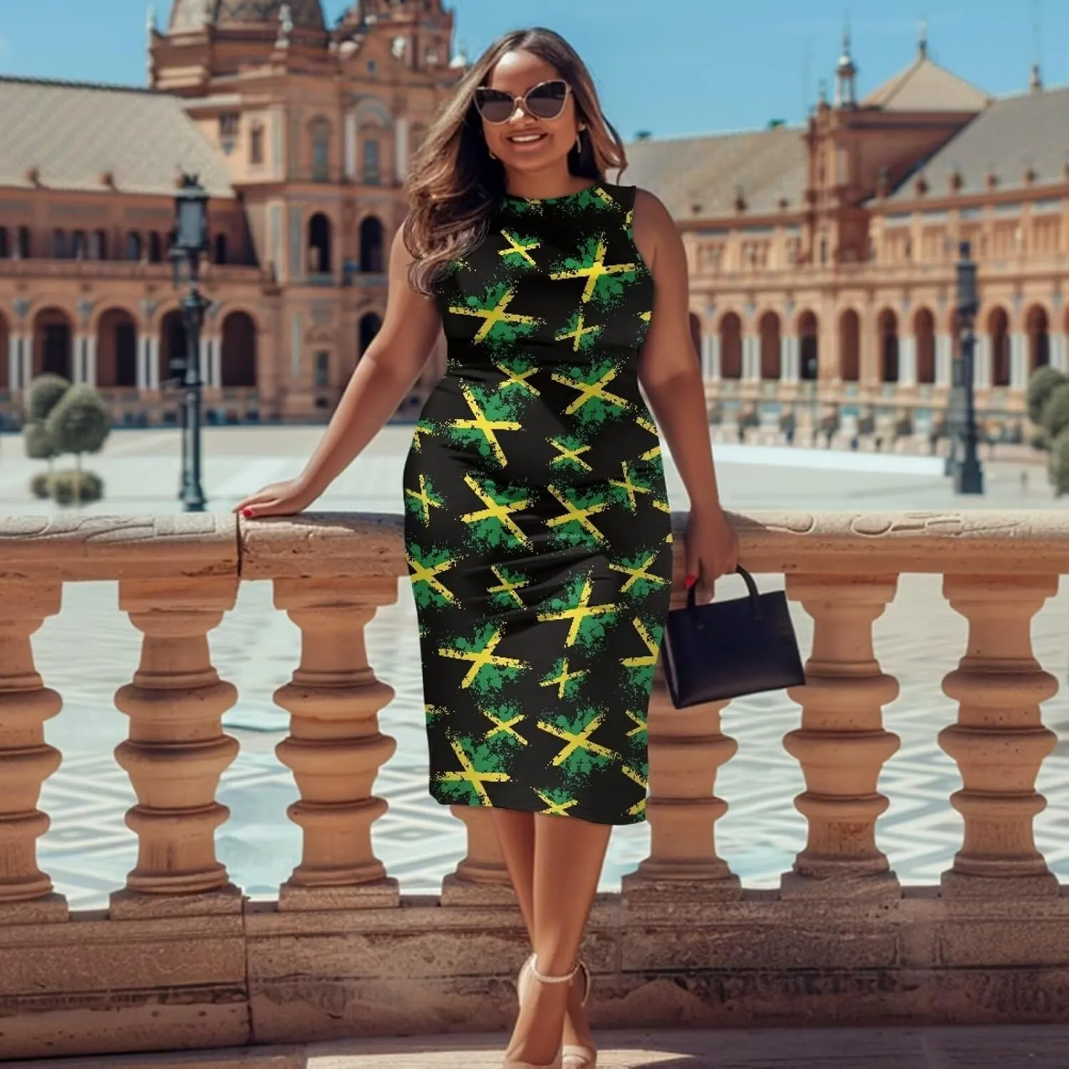 Jamaican Dress for Women Vintage Jamaica Flag Geometric Print Sleeveless Maxi Dresses Party Club