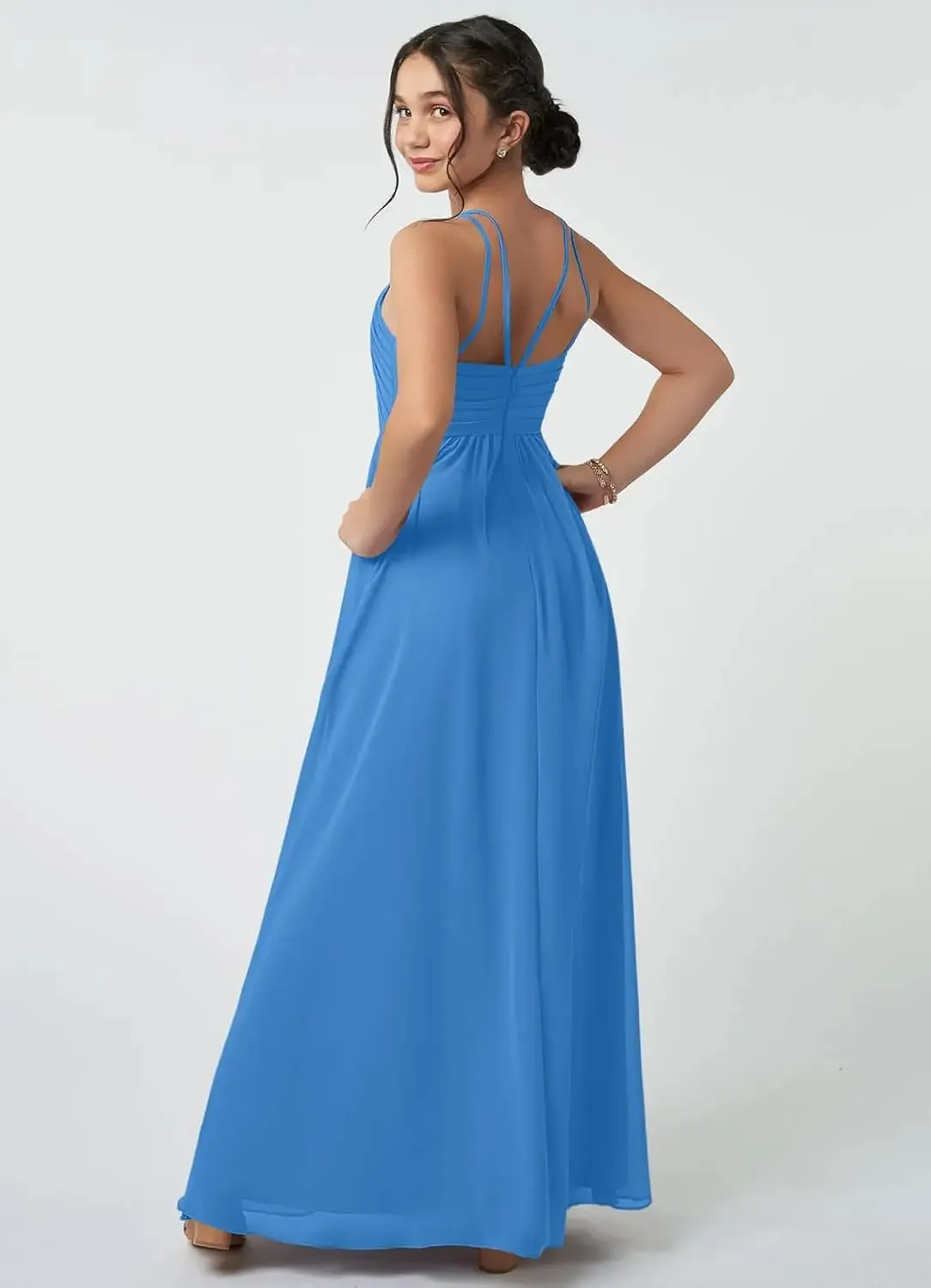 Junior Girls Bridesmaid Dress for Wedding Chiffon Halter Flower Girl Dresses for Teen with Slit