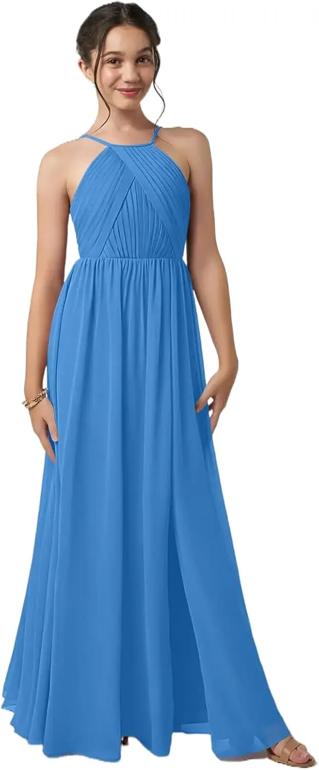 Junior Girls Bridesmaid Dress for Wedding Chiffon Halter Flower Girl Dresses for Teen with Slit