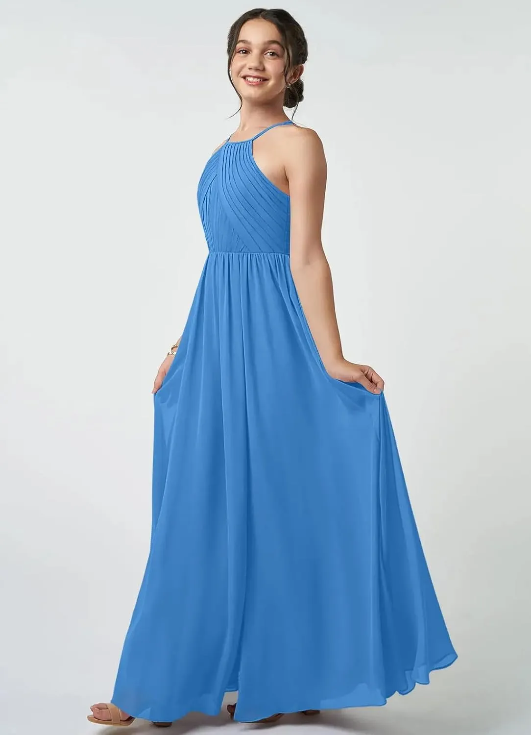 Junior Girls Bridesmaid Dress for Wedding Chiffon Halter Flower Girl Dresses for Teen with Slit