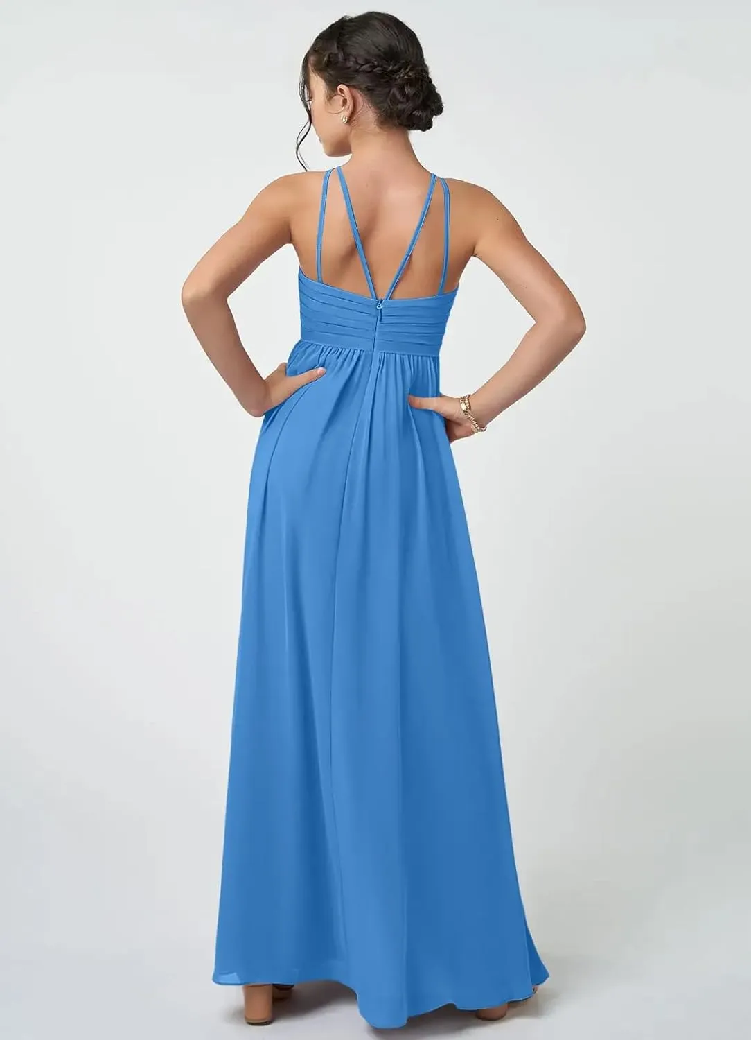 Junior Girls Bridesmaid Dress for Wedding Chiffon Halter Flower Girl Dresses for Teen with Slit
