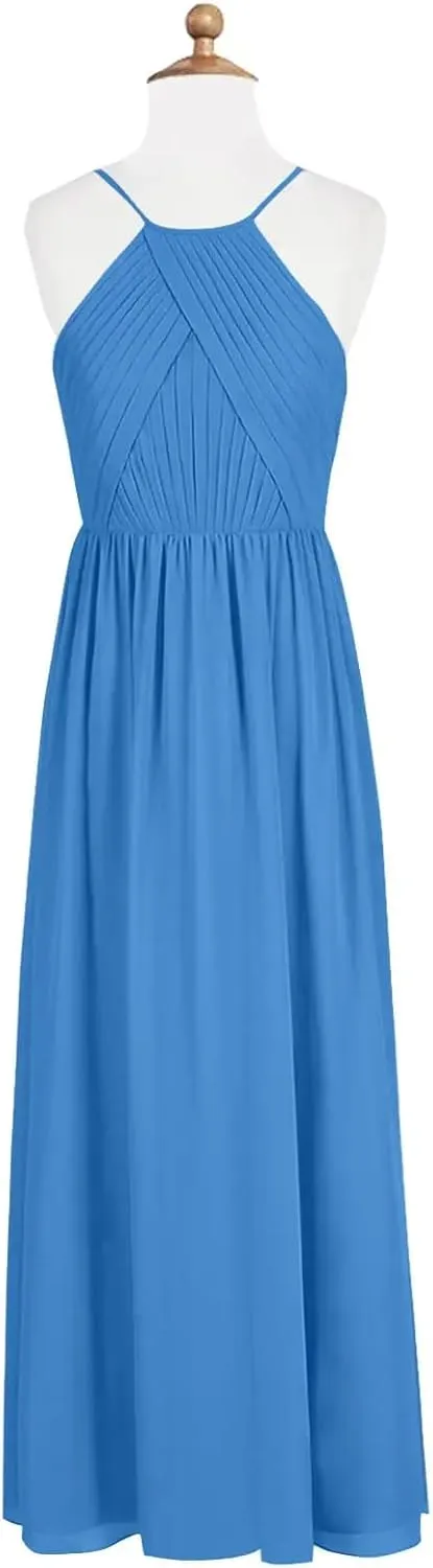Junior Girls Bridesmaid Dress for Wedding Chiffon Halter Flower Girl Dresses for Teen with Slit