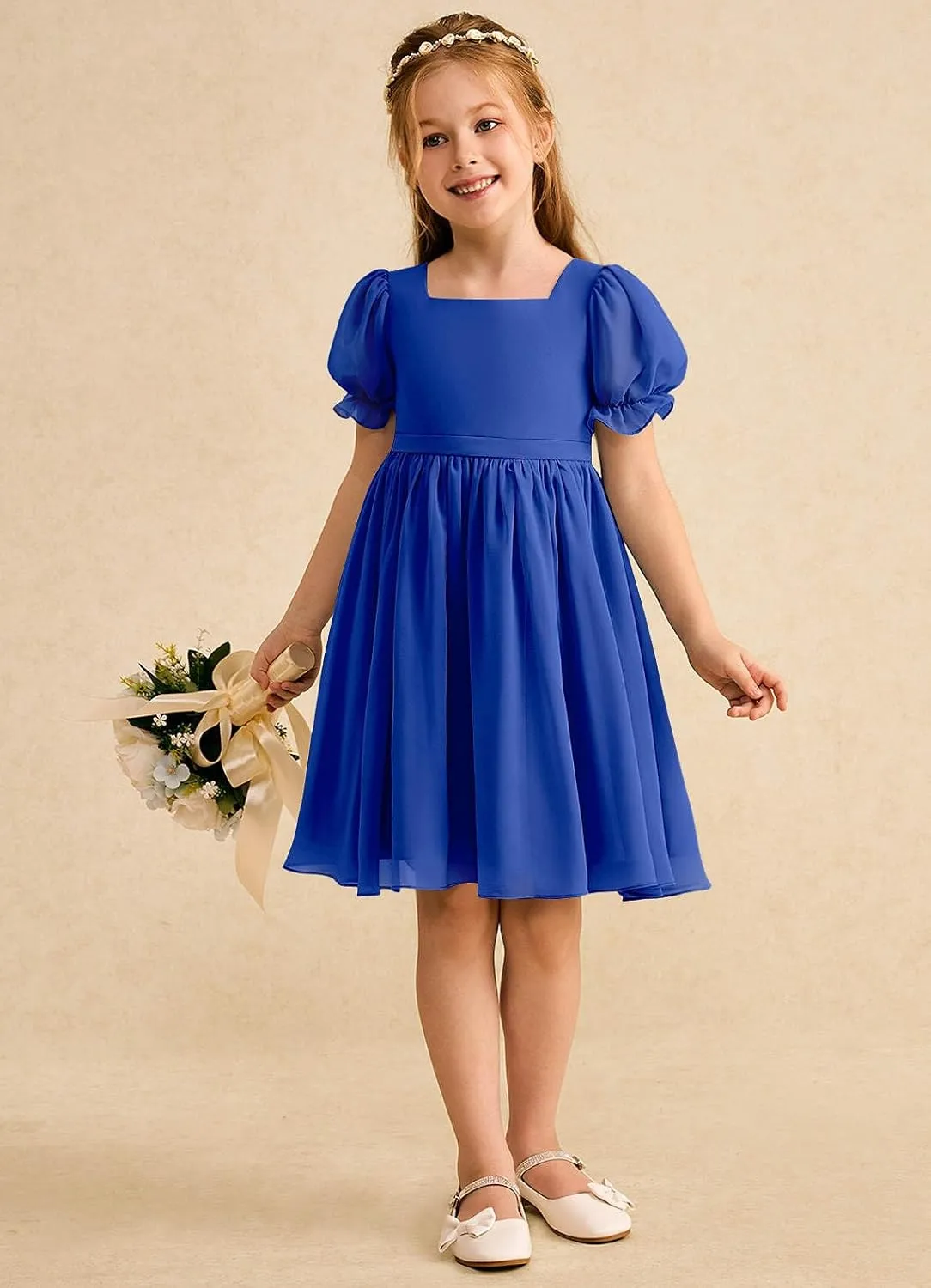 Junior Girls Bridesmaid Dress for Wedding Chiffon Short Puff Sleeve Flower Girl Dresses for Teen with Bow Back JR032