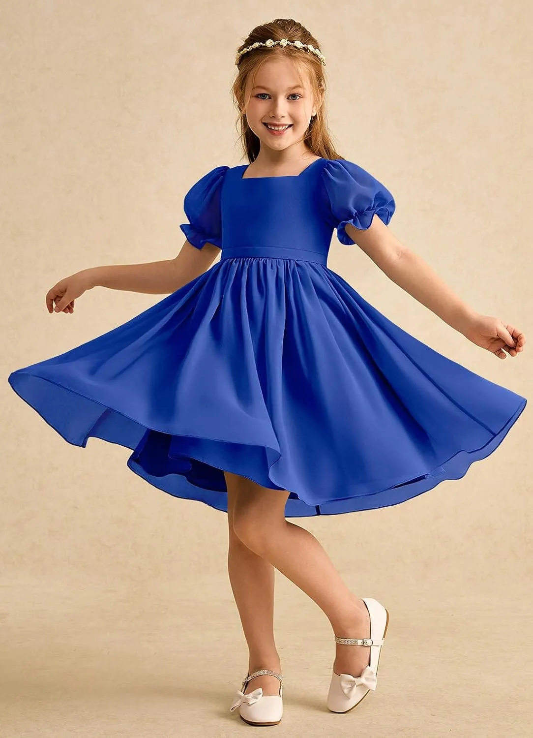 Junior Girls Bridesmaid Dress for Wedding Chiffon Short Puff Sleeve Flower Girl Dresses for Teen with Bow Back JR032