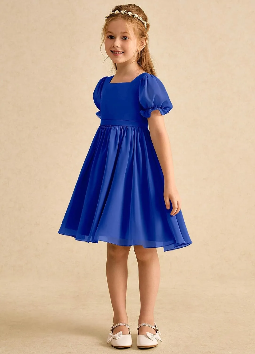 Junior Girls Bridesmaid Dress for Wedding Chiffon Short Puff Sleeve Flower Girl Dresses for Teen with Bow Back JR032