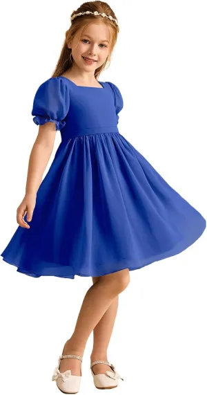 Junior Girls Bridesmaid Dress for Wedding Chiffon Short Puff Sleeve Flower Girl Dresses for Teen with Bow Back JR032