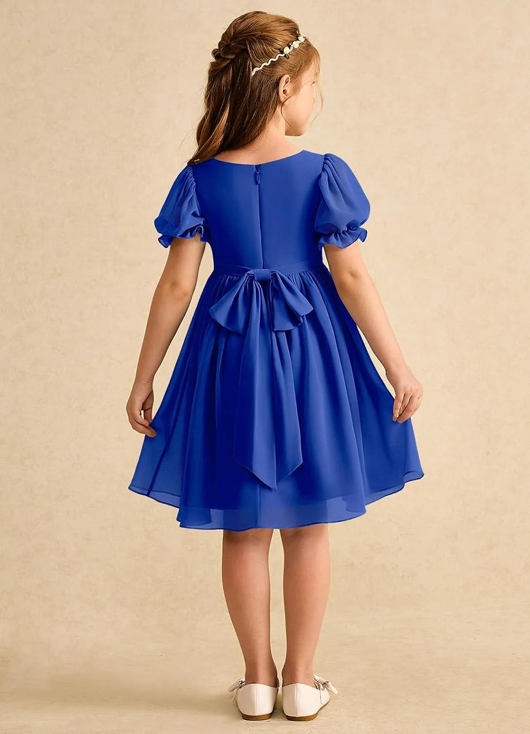 Junior Girls Bridesmaid Dress for Wedding Chiffon Short Puff Sleeve Flower Girl Dresses for Teen with Bow Back JR032