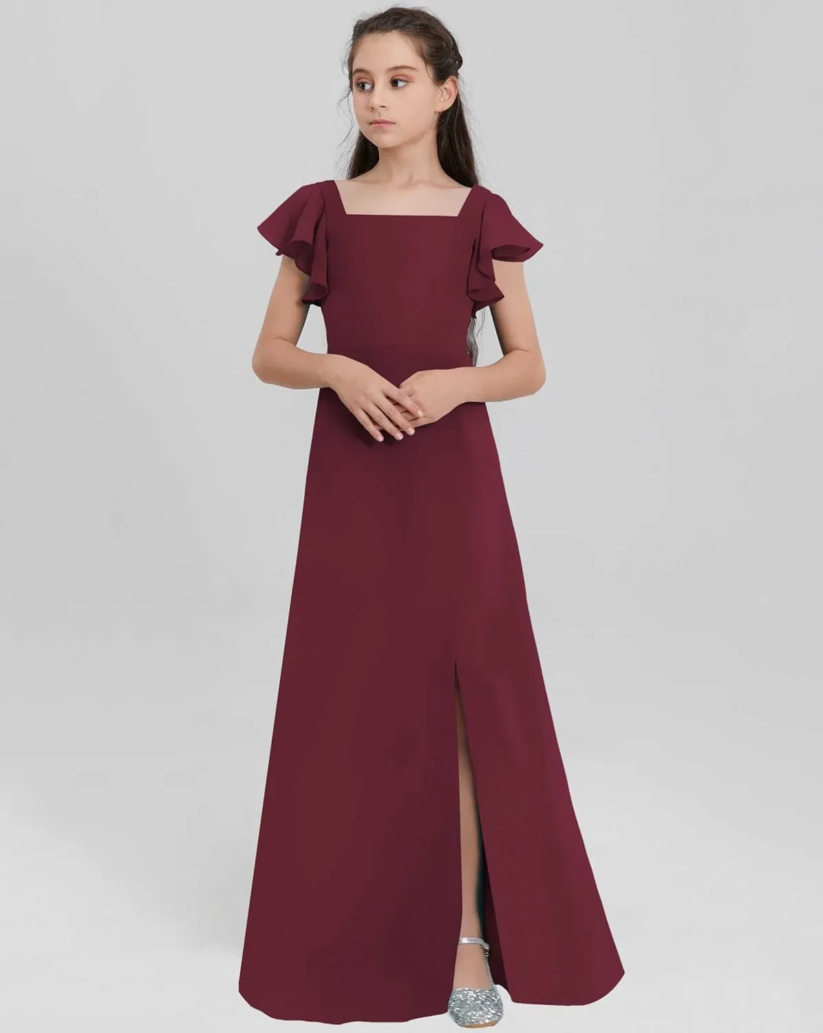 Junior Girls Bridesmaid Dress for Wedding Chiffon Short Sleeve Flower Girl Dresses for Teen with Slit JRN001