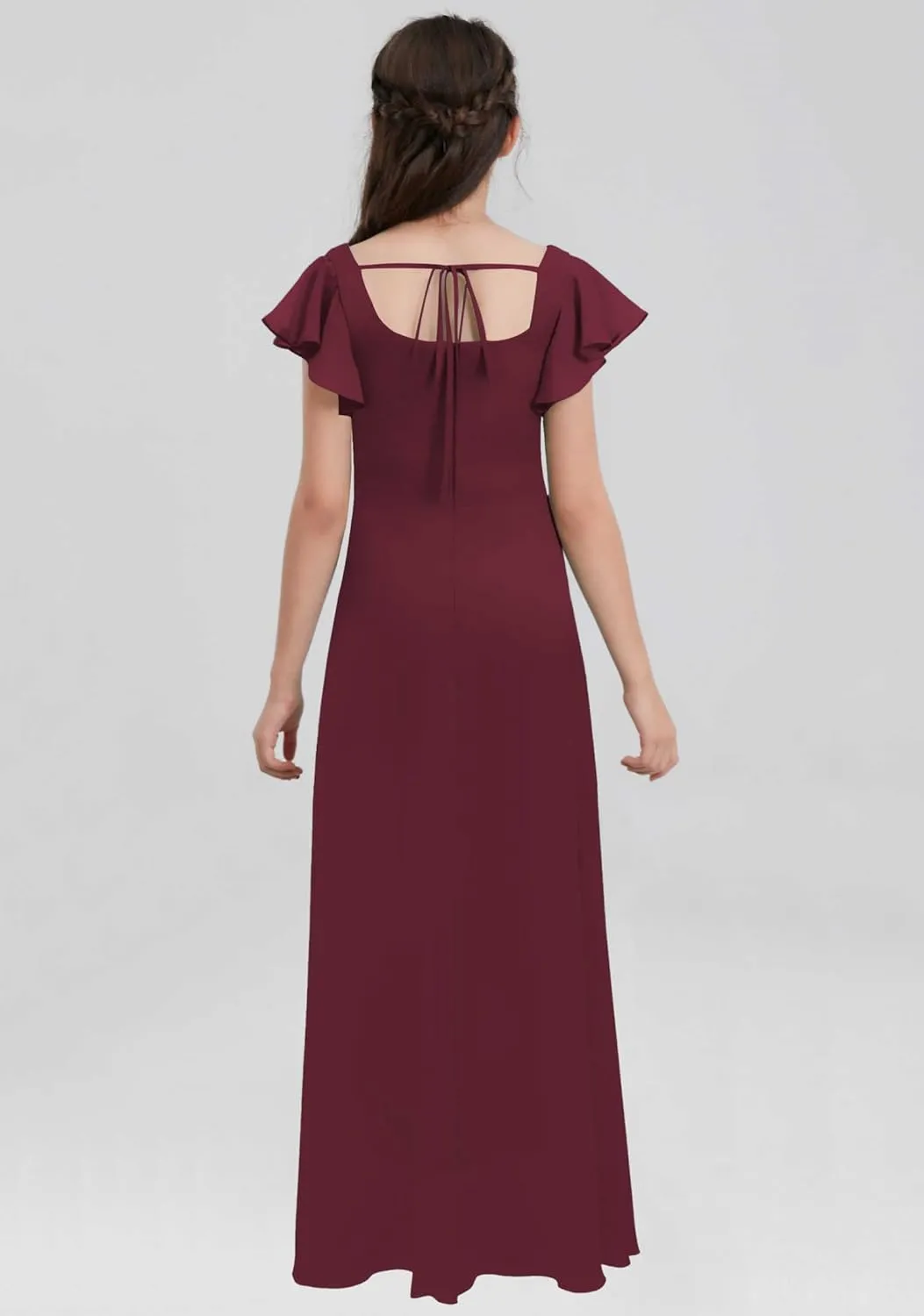 Junior Girls Bridesmaid Dress for Wedding Chiffon Short Sleeve Flower Girl Dresses for Teen with Slit JRN001