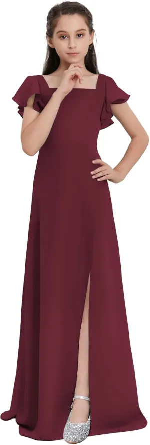 Junior Girls Bridesmaid Dress for Wedding Chiffon Short Sleeve Flower Girl Dresses for Teen with Slit JRN001