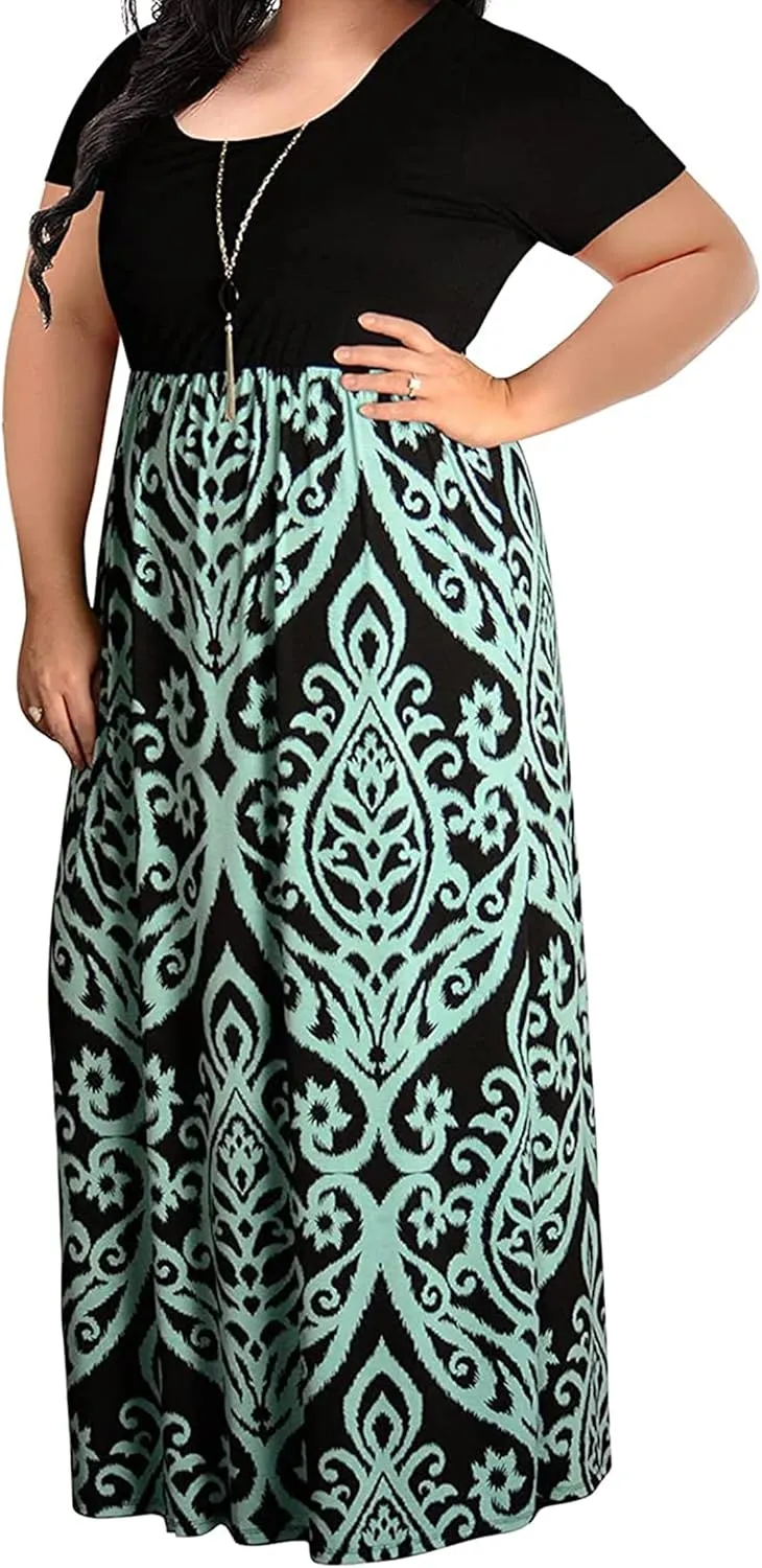 Kancystore Women's Short Sleeve Plus Size Maxi Dress with Pockets Loose Casual Summer Dresses