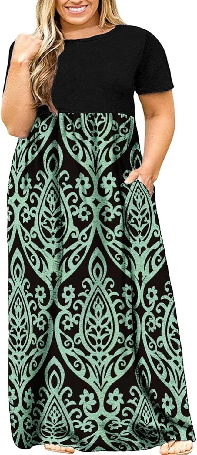 Kancystore Women's Short Sleeve Plus Size Maxi Dress with Pockets Loose Casual Summer Dresses