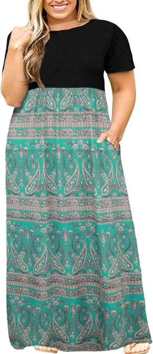 Kancystore Women's Short Sleeve Plus Size Maxi Dress with Pockets Loose Casual Summer Dresses
