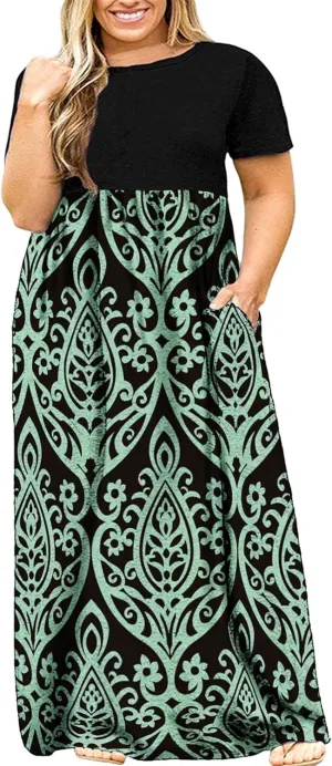 Kancystore Women's Short Sleeve Plus Size Maxi Dress with Pockets Loose Casual Summer Dresses