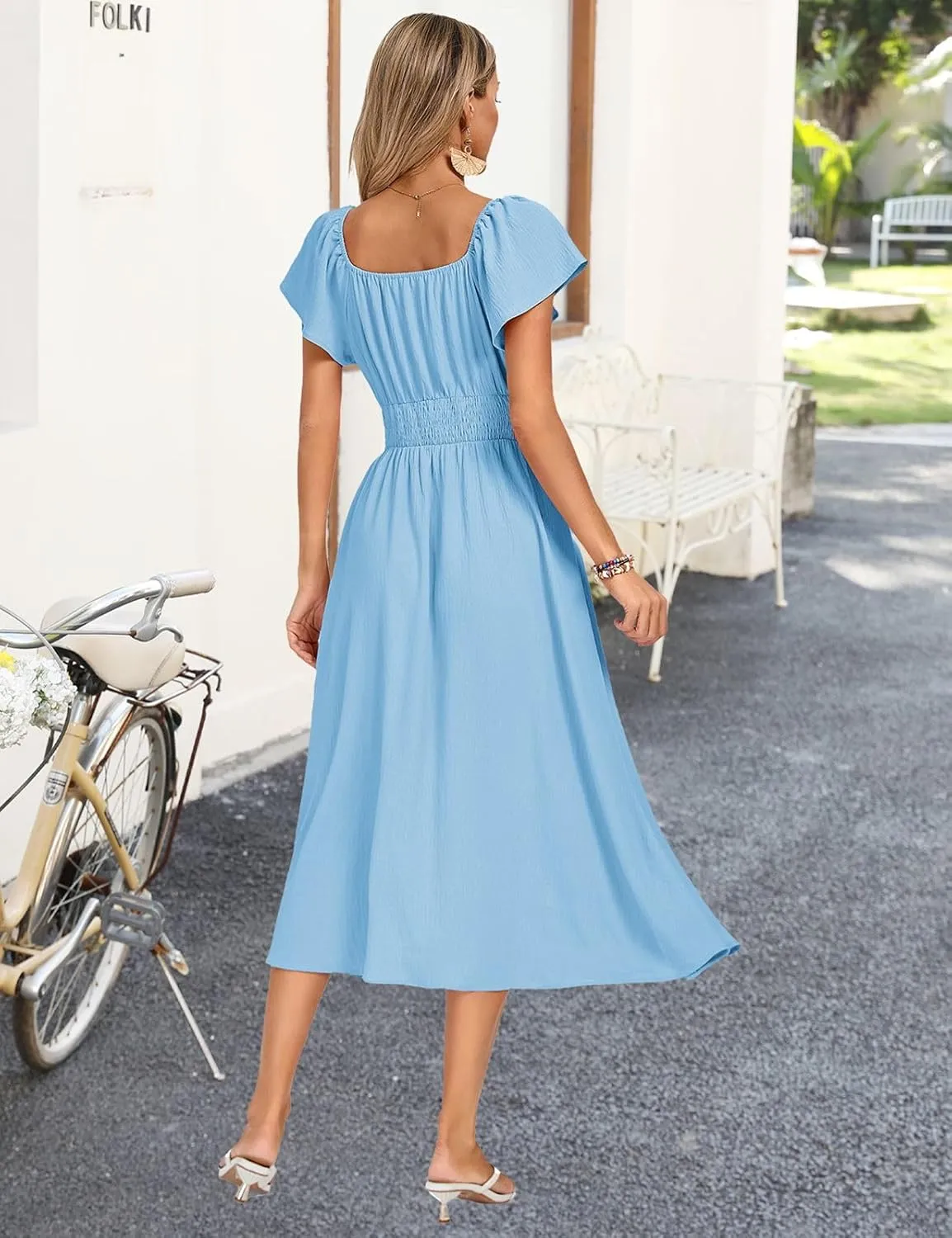 Kate Kasin Women's Summer Casual Short Sleeve V Neck Smocked Waist Split A Line Casual Vacation Boho Flowy Midi Dress