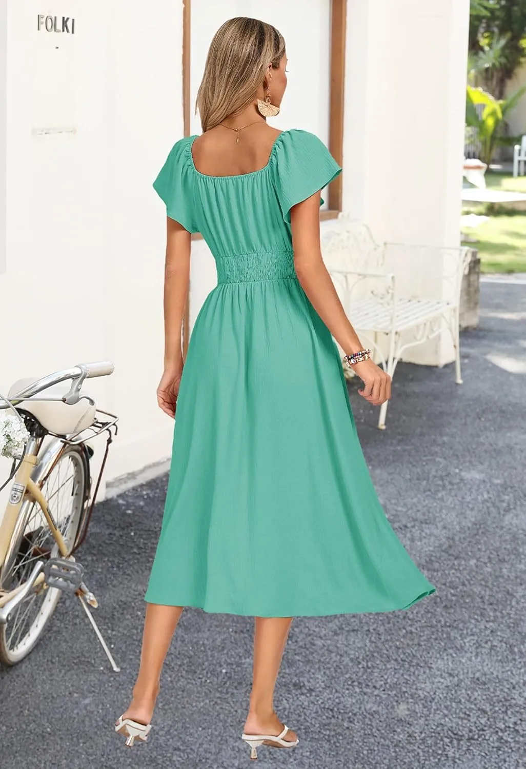 Kate Kasin Women's Summer Casual Short Sleeve V Neck Smocked Waist Split A Line Casual Vacation Boho Flowy Midi Dress