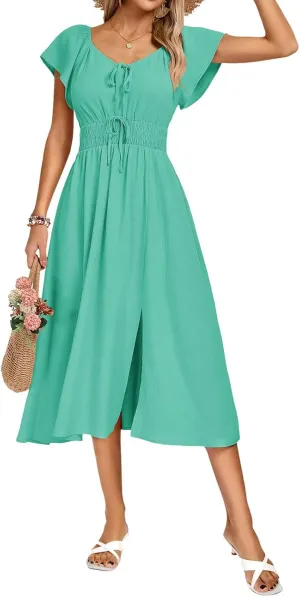 Kate Kasin Women's Summer Casual Short Sleeve V Neck Smocked Waist Split A Line Casual Vacation Boho Flowy Midi Dress