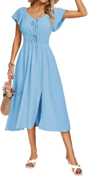 Kate Kasin Women's Summer Casual Short Sleeve V Neck Smocked Waist Split A Line Casual Vacation Boho Flowy Midi Dress
