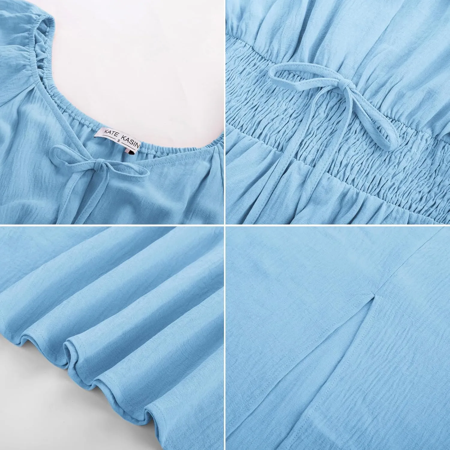 Kate Kasin Women's Summer Casual Short Sleeve V Neck Smocked Waist Split A Line Casual Vacation Boho Flowy Midi Dress